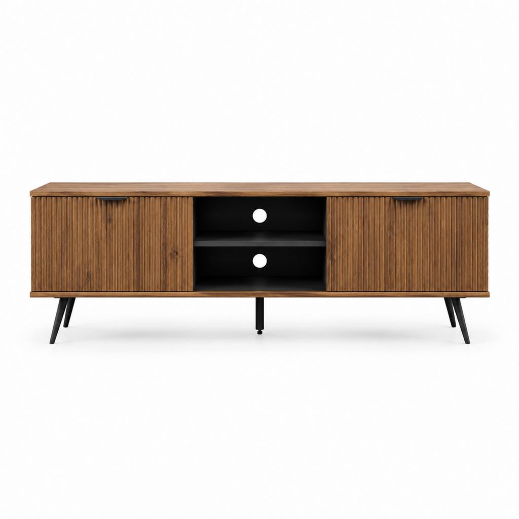 TV-Lowboard Nussbaumoptik mit Lamellentüren und offenen Fächern 160 x 40 x 60 cm