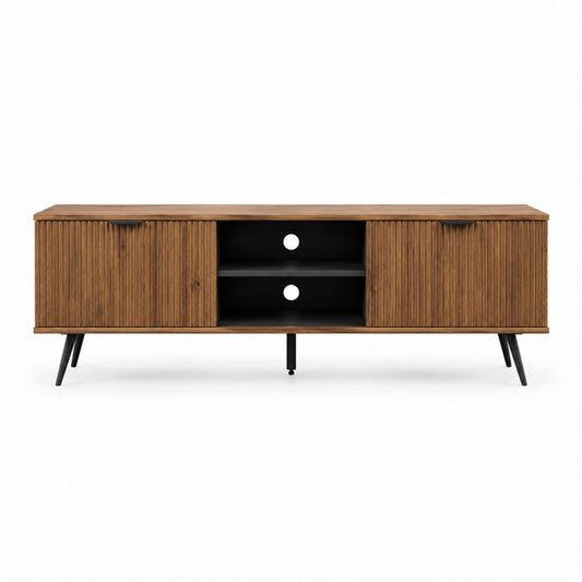 TV-Lowboard Nussbaumoptik mit Lamellentüren und offenen Fächern 160 x 40 x 60 cm