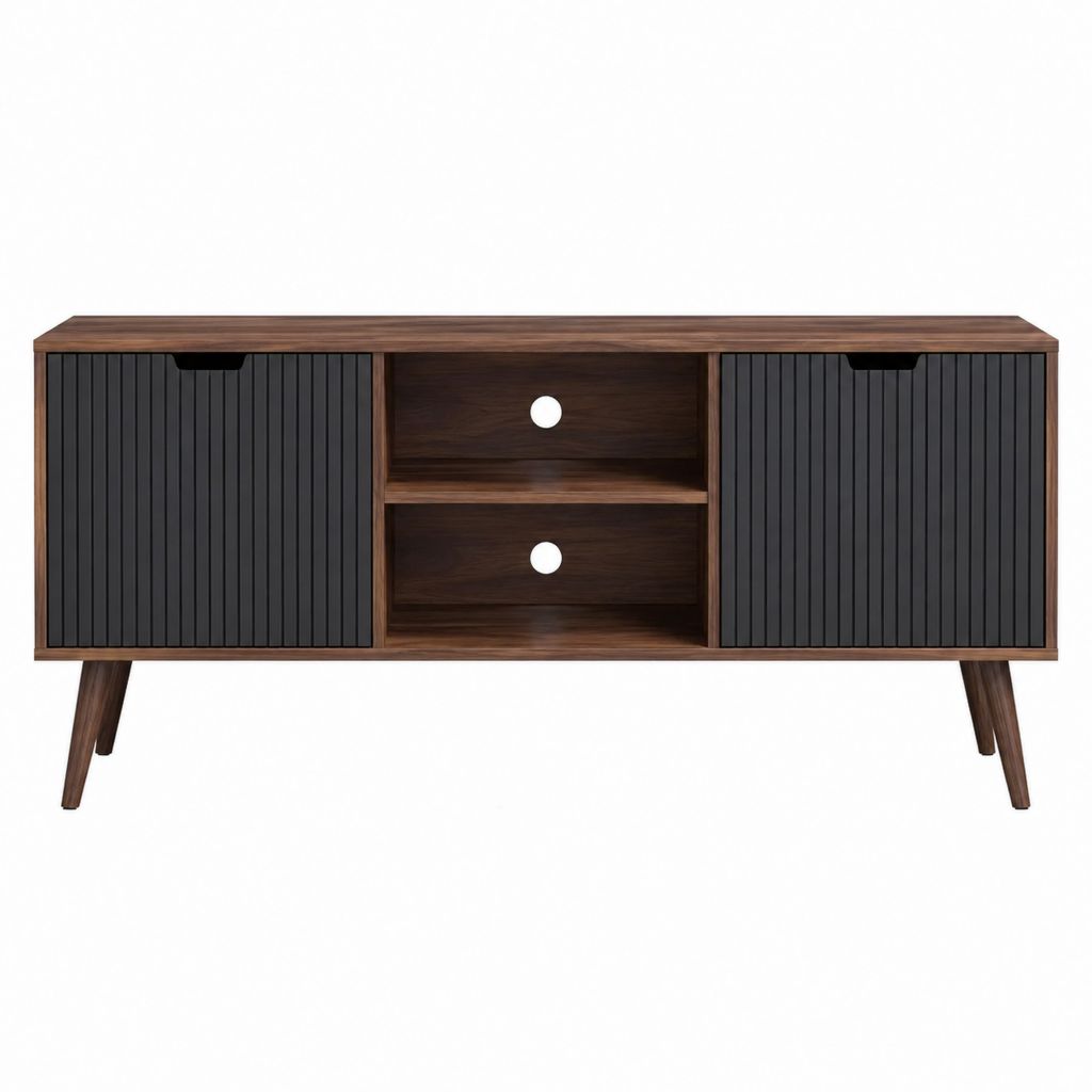 TV Lowboard Walnussbraun Schwarz MDF rechteckig mit 2 Türen und 2 offenen Fächern 140 x 40 x 60 cm