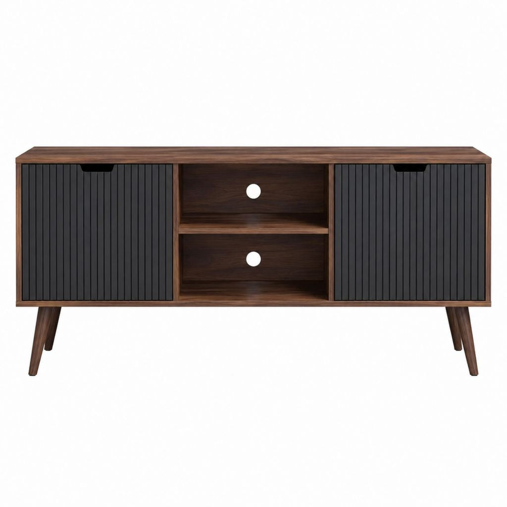 TV Lowboard Walnussbraun Schwarz MDF rechteckig mit 2 Türen und 2 offenen Fächern 140 x 40 x 60 cm