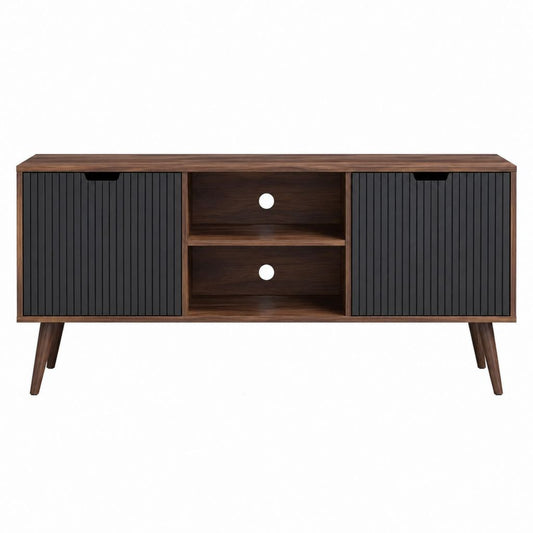 TV Lowboard Walnussbraun Schwarz MDF rechteckig mit 2 Türen und 2 offenen Fächern 140 x 40 x 60 cm