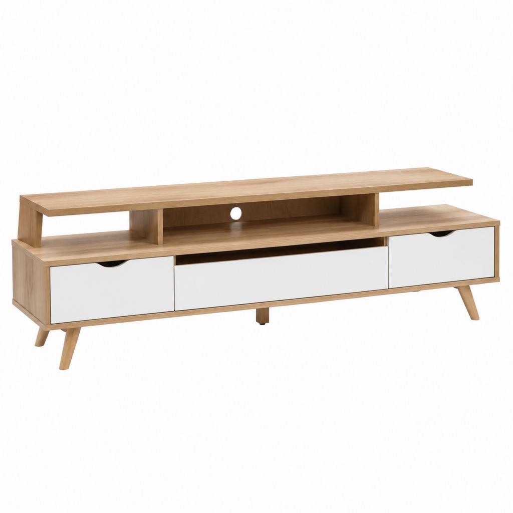 TV-Lowboard Eiche Weiß MDF Rechteckig mit 3 Schubladen und Kabelöffnung 180 x 40 x 55 cm