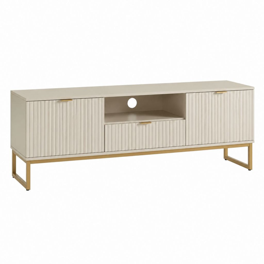 TV-Lowboard Cremeweiß aus MDF und Stahl 160 x 40 x 55 cm mit 3 Türen Schublade und Kabeldurchführung
