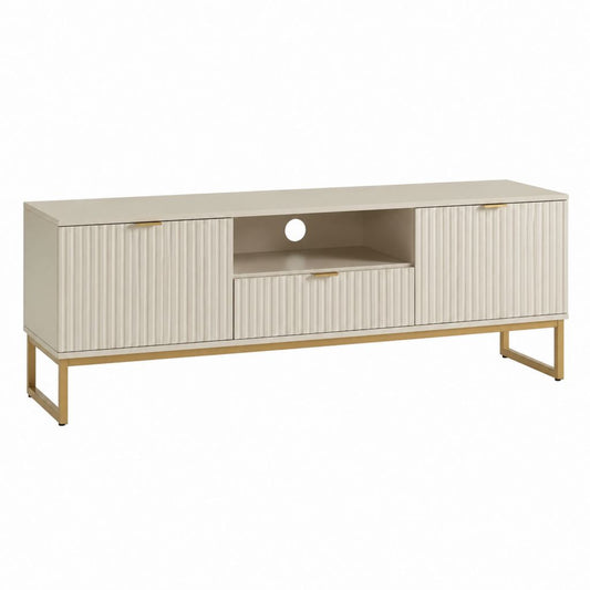 TV-Lowboard Cremeweiß aus MDF und Stahl 160 x 40 x 55 cm mit 3 Türen Schublade und Kabeldurchführung