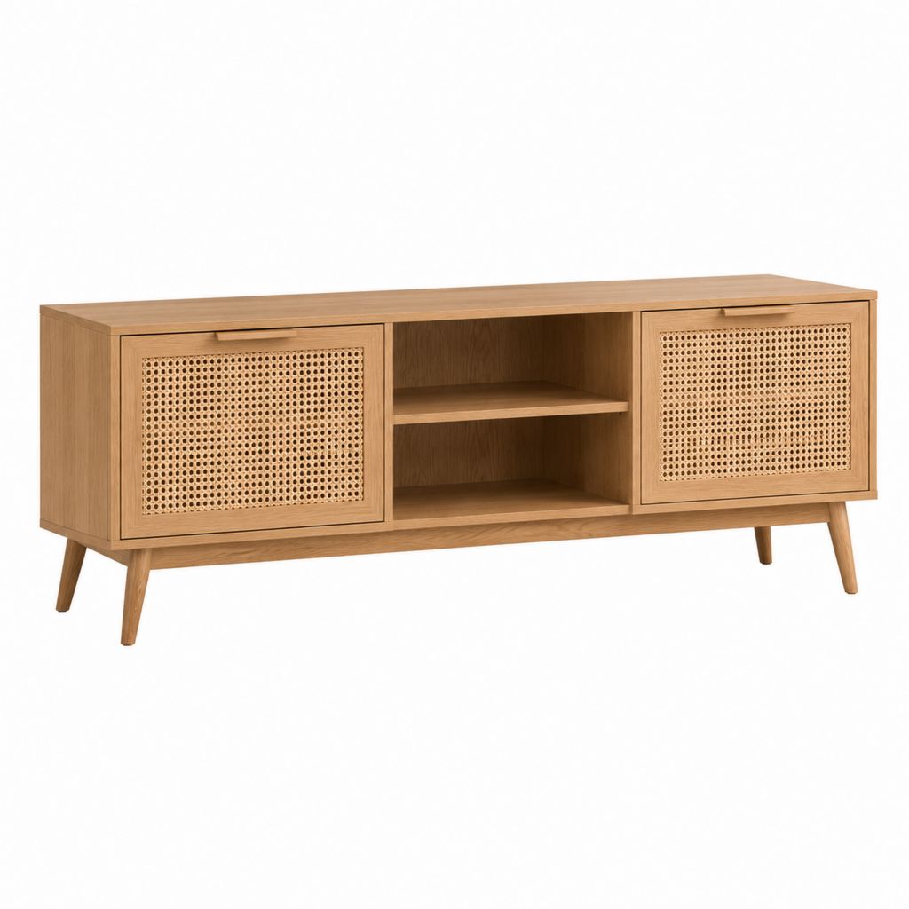 TV-Lowboard Eiche furniert mit Rattan-Schiebetüren 140 x 40 x 60 cm