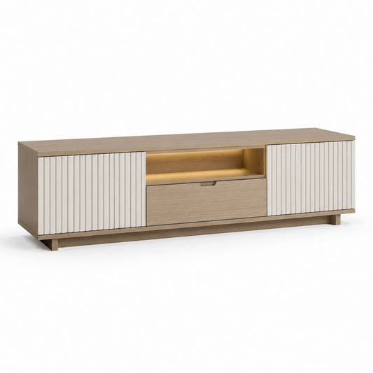 TV Lowboard Eichefarben Weiß MDF rechteckig mit 2 Schiebetüren Schublade LED-Fach 180 x 40 x 55 cm